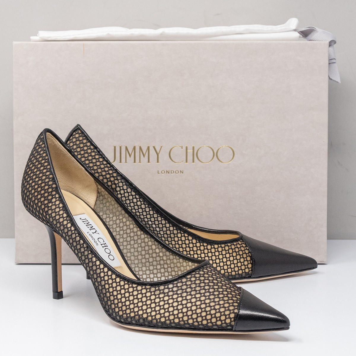 Jimmy Choo Love 85, Size 36 (6 US) Asymmetrical Mesh Black Leather