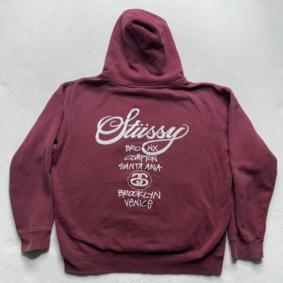 Vintage 90s Stussy London Paris Distressed Burgundy Hoodie