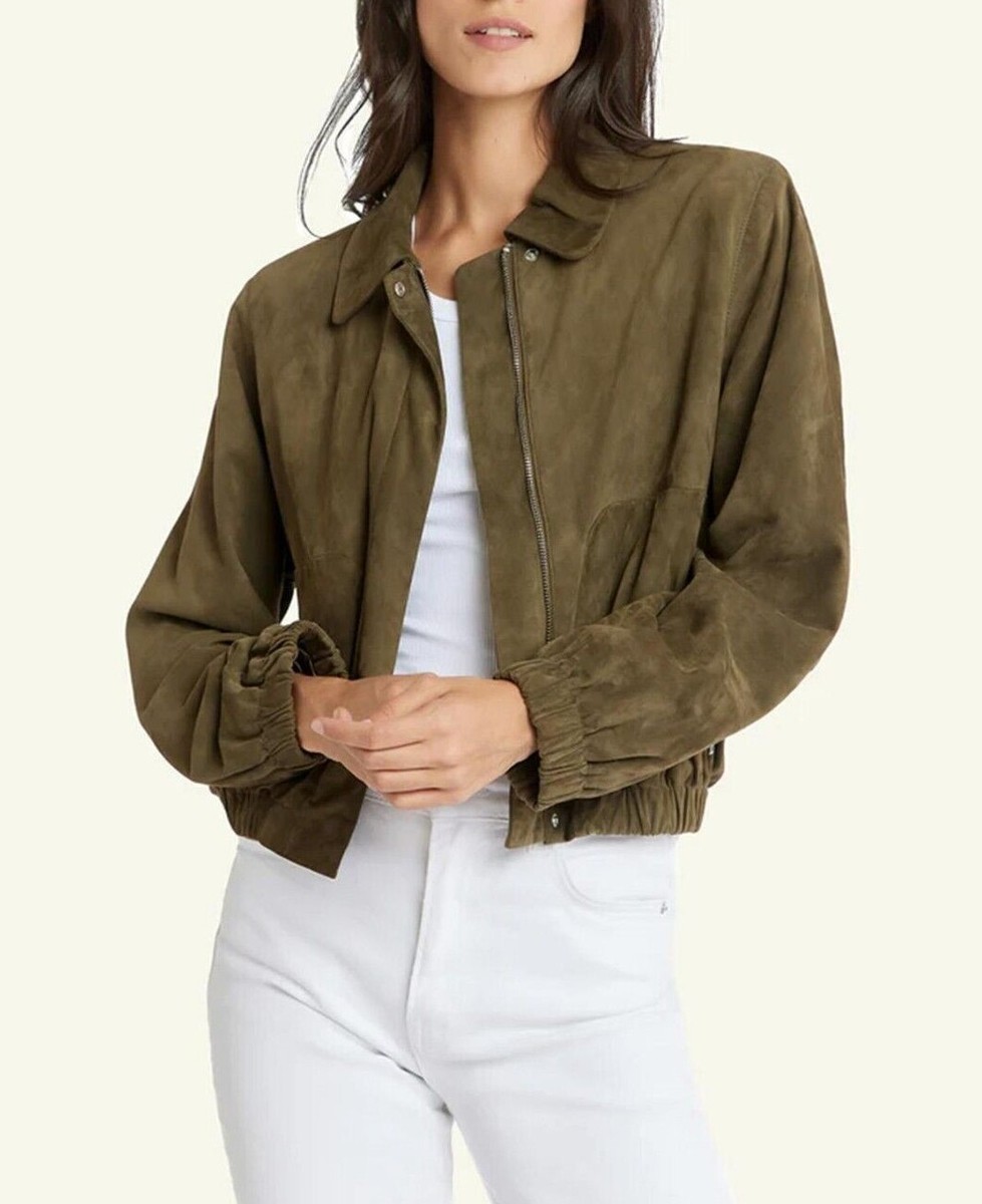 Ollive Green Suede Bomber Leather Jacket Women Size XS S M L XL