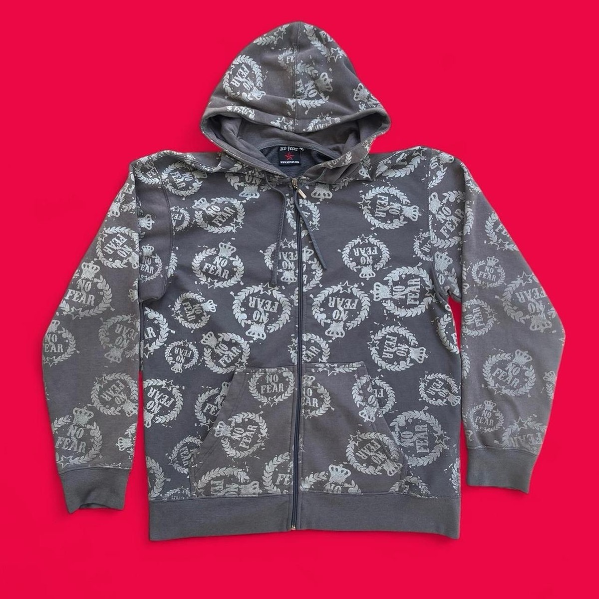 Vtg 00s Y2K No Fear AOP Crest Logo Dark Grey Full Zip Hoodie