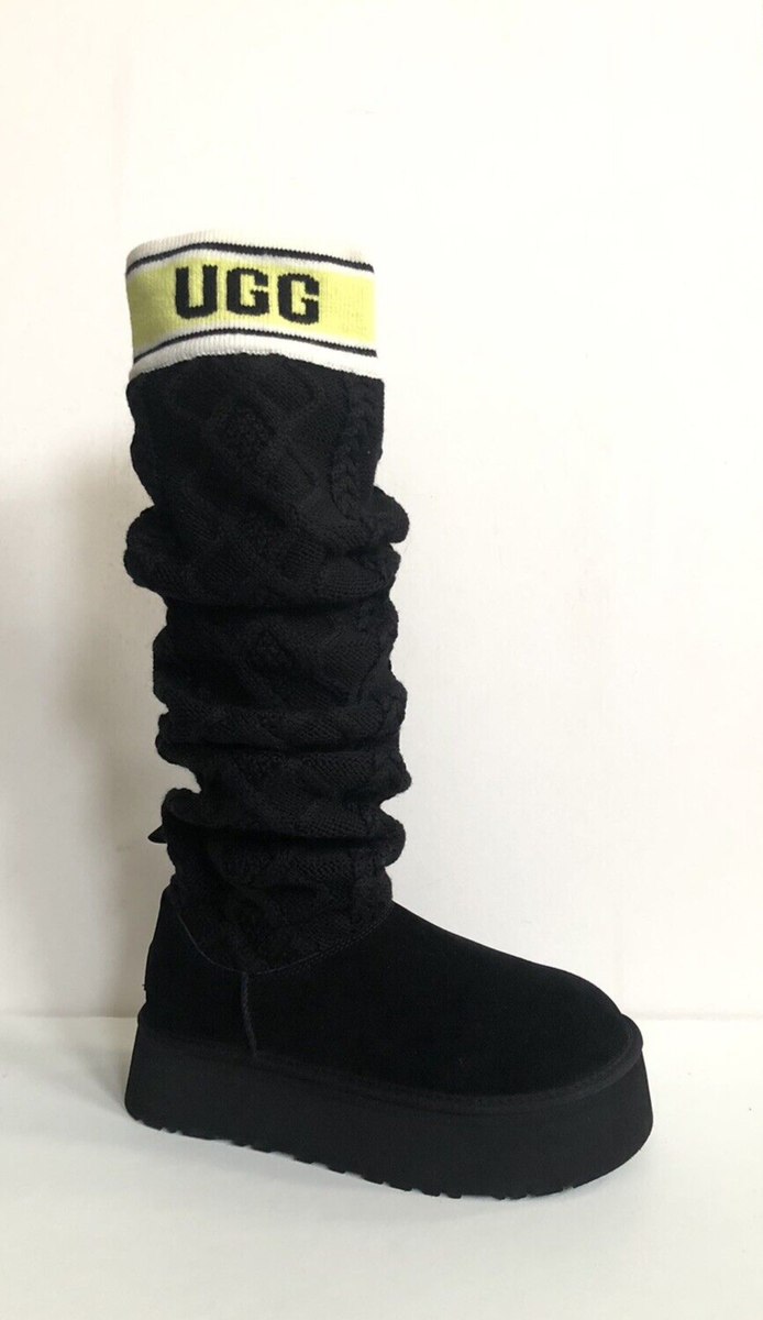 UGG CLASSIC SWEATER LETTER TALL BLACK PLATFORM KNIT BOOT sz US 5