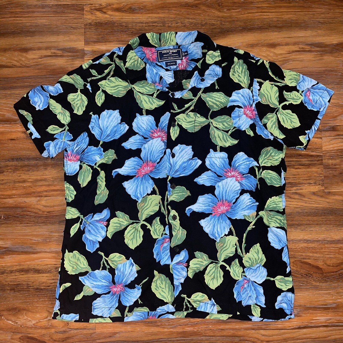 Vintage 90s Polo Sport Ralph Lauren Rayon Black Hawaiian Floral