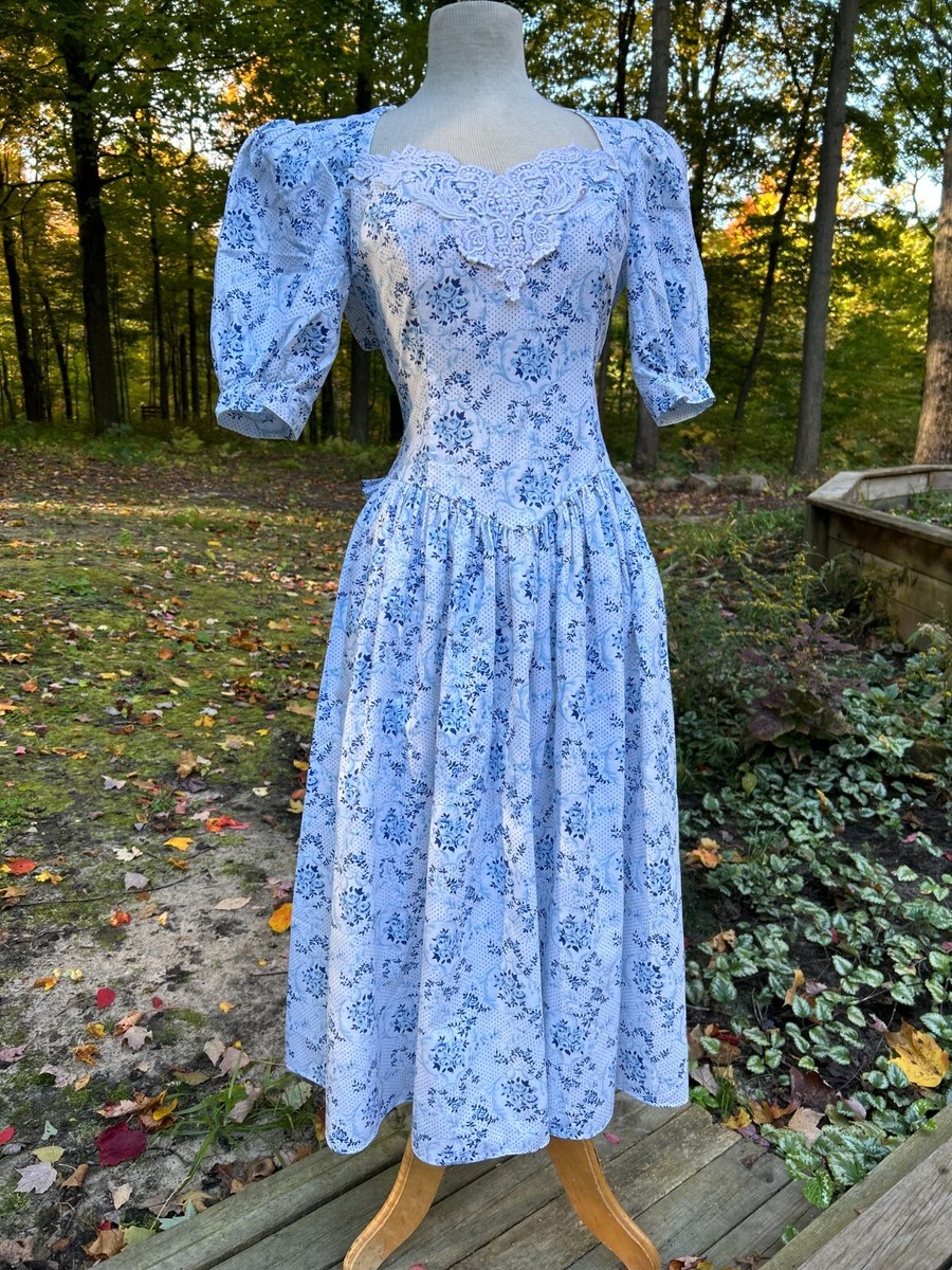 VTG Jessica McClintock Gunne Sax Dress Blue Floral Cottagecore