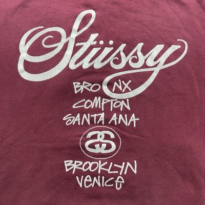 Vintage 90s Stussy London Paris Distressed Burgundy Hoodie