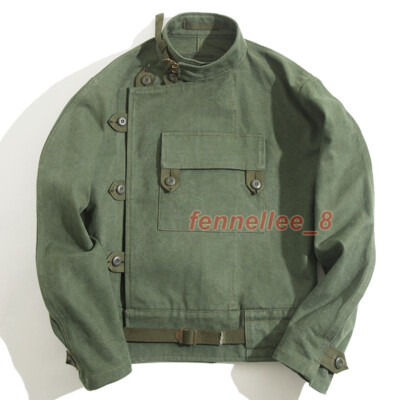 Swedish Motorcycle Jacket Men Army Green Canvas Coat Retro Casual
