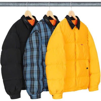 Supreme Leather Collar Puffy Jacket Blue Plaid New With Tag