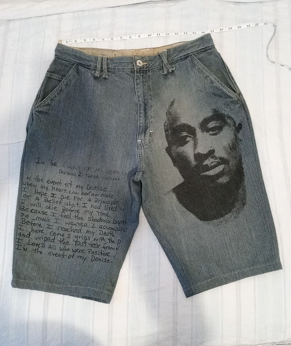 Customised Tupac Makavelli Branded Skinny Shorts Jeans Vintage