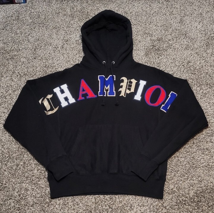 Champion Reverse Weave Hoodie “Old English” Spellout Black Medium