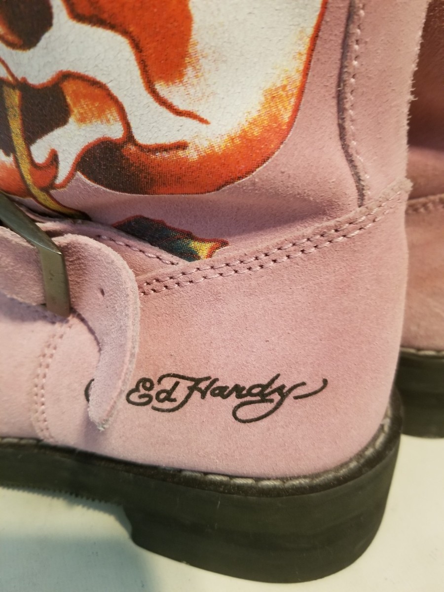 Vintage Y2K Ed Hardy Pink Suede Motorcycle Engineer Boots Skull