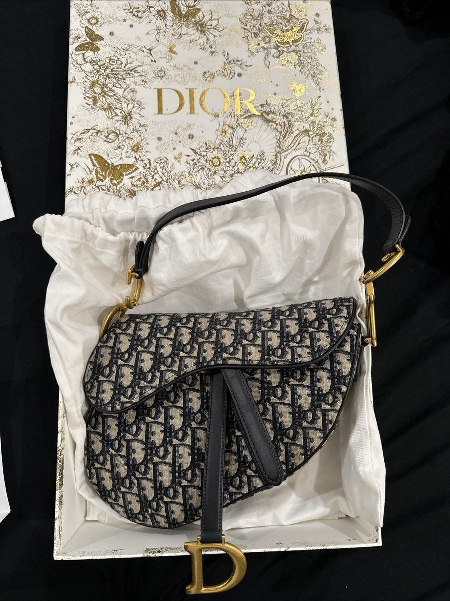 Christian Dior Blue Jaquard Monogram Saddle Bag Canvas With Box