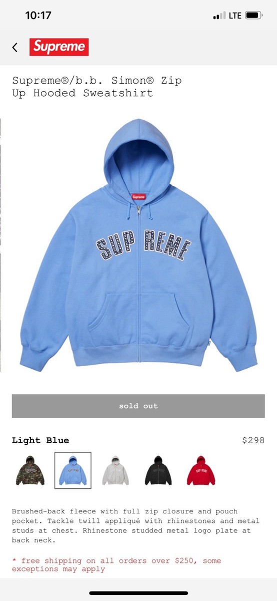 Supreme b.b. Simon Zip Up Hooded Sweatshirt Light Blue Size XXL