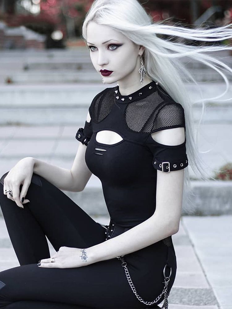 Mesh Hole Rivet Shirts - Women Black T-shirts Sexy Short Sleeve