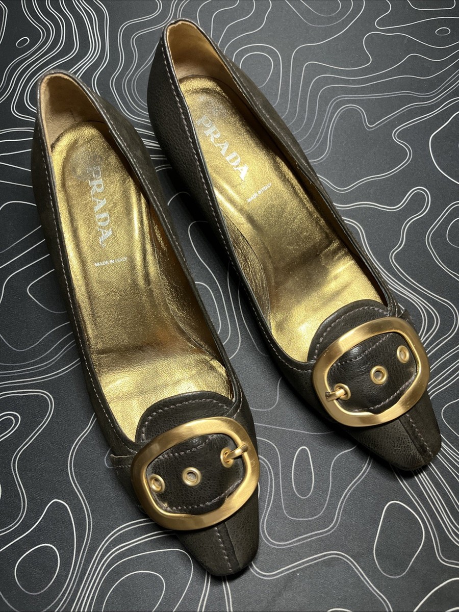 Vintage Prada Brown Gold Leather Gold Buckle Gold Heel Pumps Euro