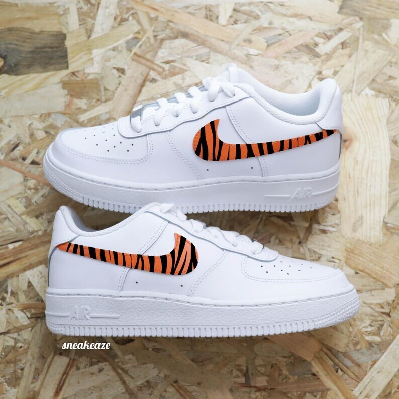 Air Force 1 Low Custom White Shoes Orange Safari Zebra Black
