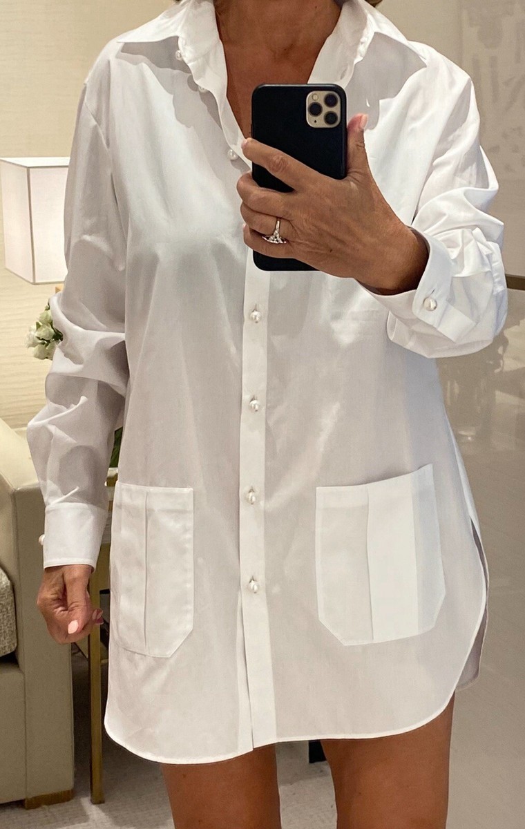 NWT CHANEL Pearl button dress shirt blouse top 40 white