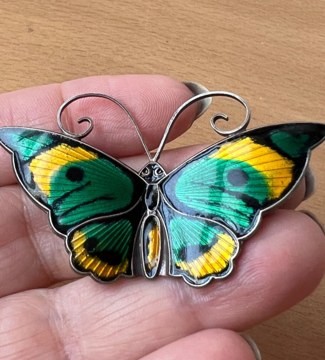 VINTAGE DAVID ANDERSEN NORWAY LARGE GREEN YELLOW ENAMEL BUTTERFLY