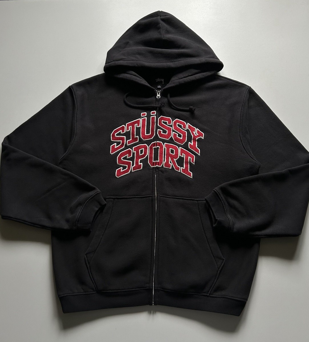 Stussy Sport Embroidered Spell Out Zip Up Hoodie Men's Large Black