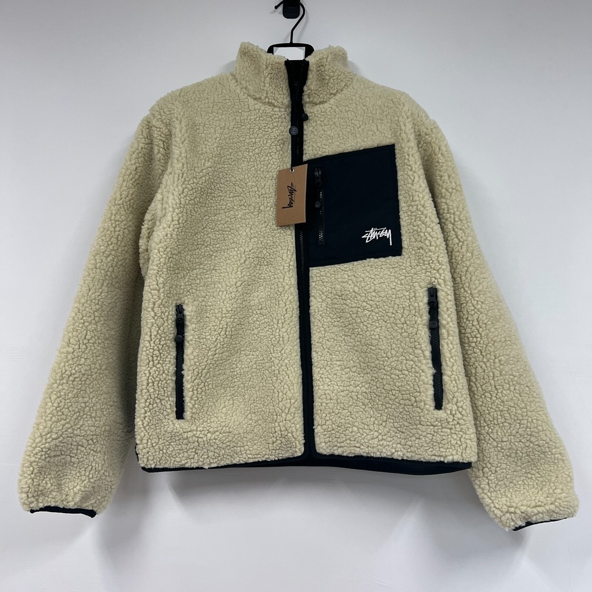 Stussy 8 Ball Sherpa Fleece Reversible Jacket Cream Size Small