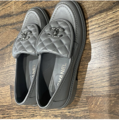 Chanel 21B Grey Quilted Flap Turnlock CC Logo Silver Mule Slip On