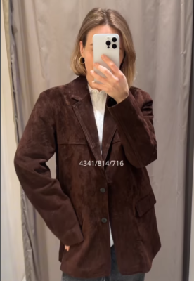 ZARA BNWT 2025. DARK BROWN 100% SUEDE LEATHER BLAZER. 4341/814/716