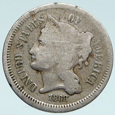 1868 USA UNITED STATES Liberty Antique OLD 3 Cent Nickel Coin