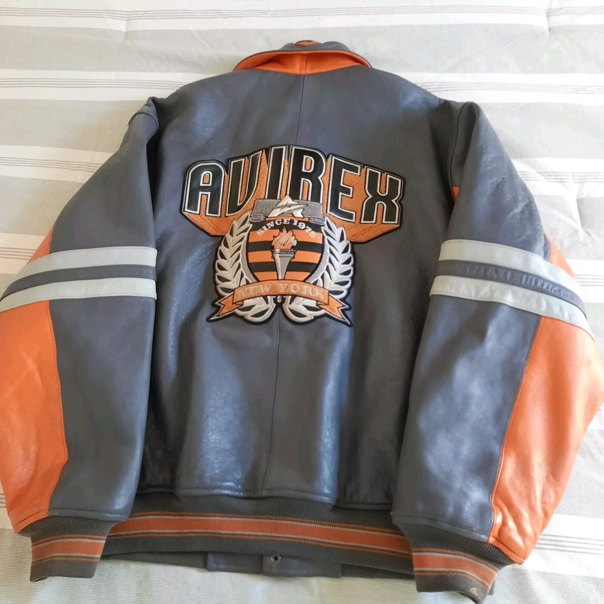Avirex Varsity Jacket Leather Gray Orange New York 1975 USA XXL | eBay