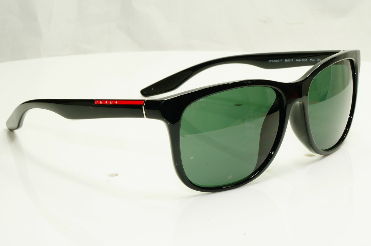 Authentic Prada Mens Glossy Black Green Square Sunglasses SPS 03O