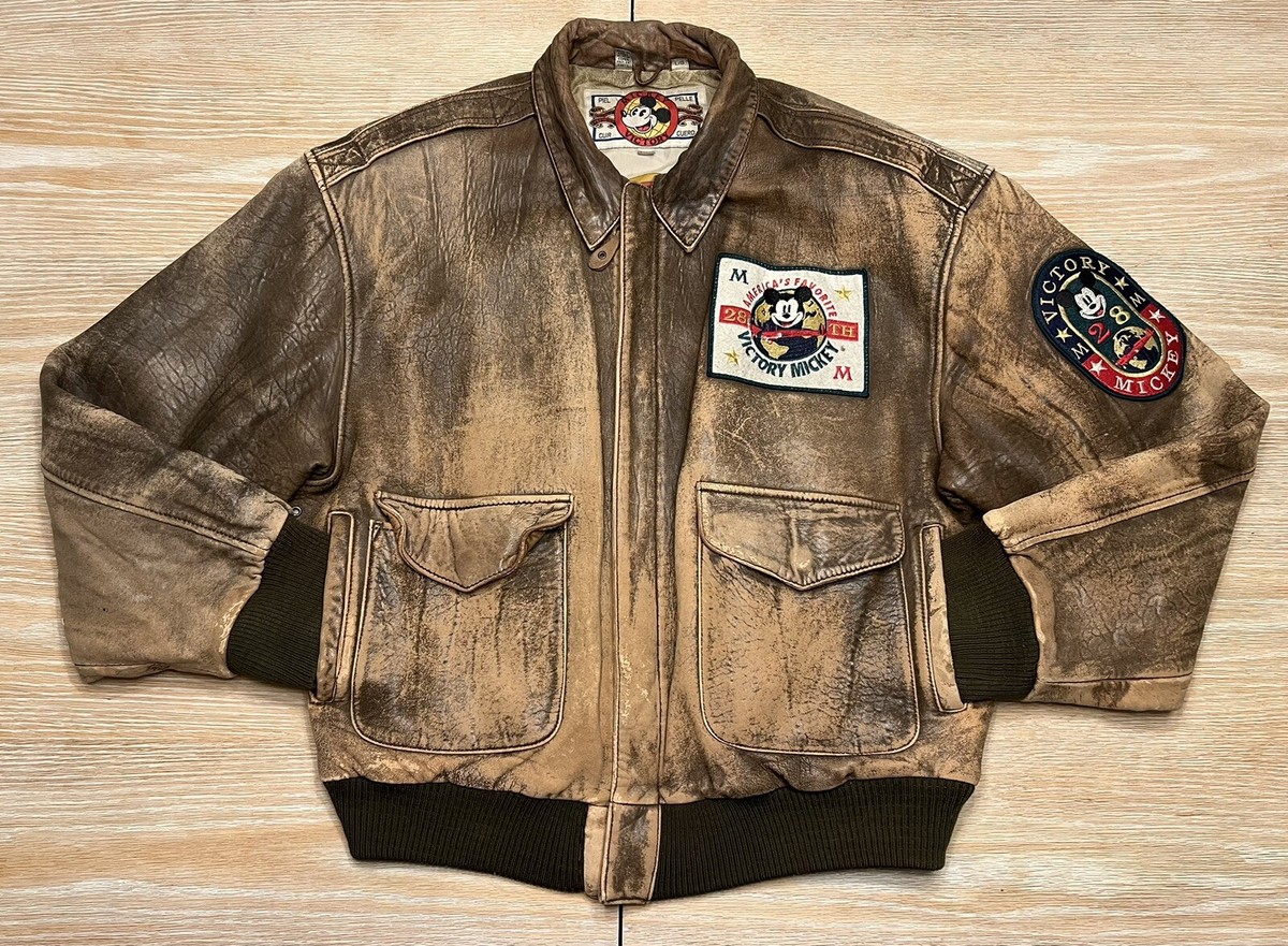 Vintage 90s Disney Victory Mickey Mouse Brown Leather Bomber