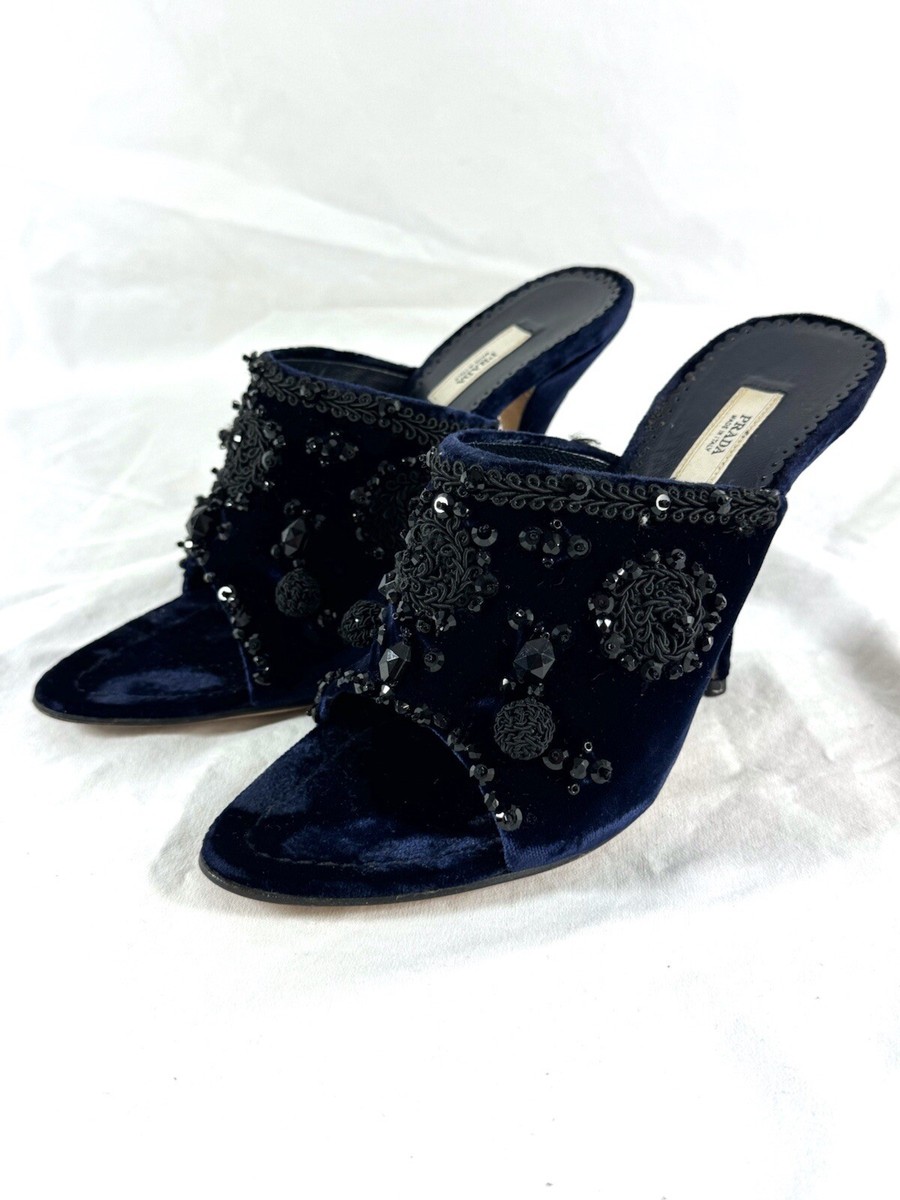 PRADA Navy Blue Velvet Faux Stone Embroidered Heels Sandals 36.5