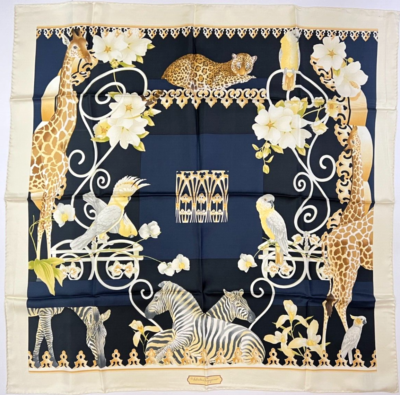 Salvatore Ferragamo 100% Silk Scarf Navy Blue Beige Leopard