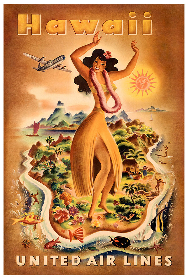 United Airlines - Hawaii - 1950s - Vintage Travel Poster - Version
