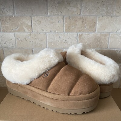 UGG TAZZLITA CHESTNUT SUEDE SHEARLING LINED PLATFROM SLIPPERS SIZE