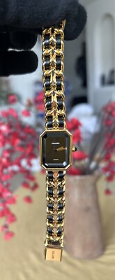 AUTHENTIC CHANEL Premiere Quartz Gold Plated Leather Black Dial