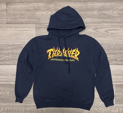 Thrasher 90's Skateboard Magazine Blue Hoodie Flame Logo Hanes Tag