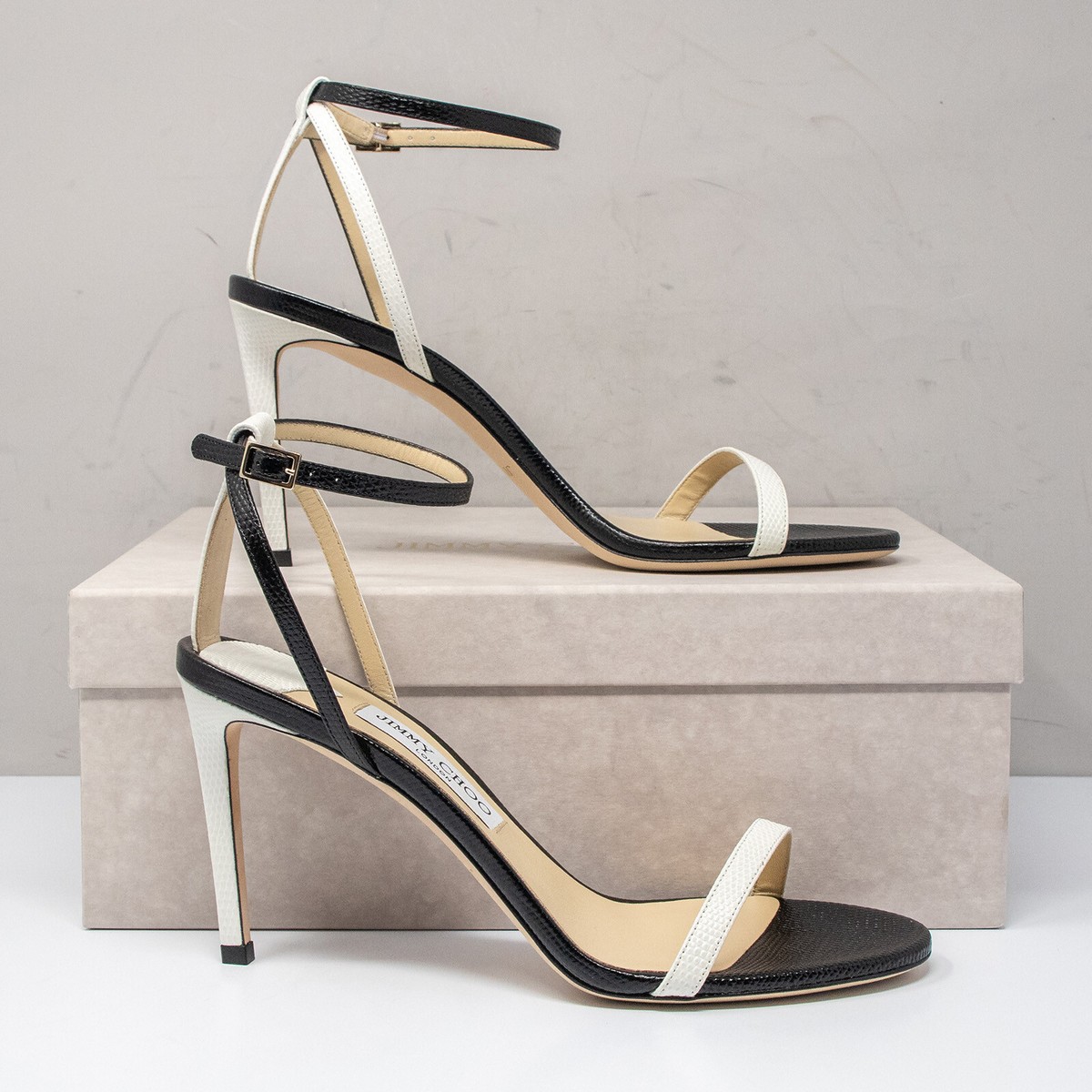 Jimmy Choo Minny 85, Size 40 (10 US) Black/White Leather Sandals