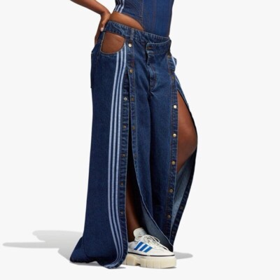 New Sz XS Women's Adidas X Ivy Park Wide Leg Snap Jeans Dark Denim