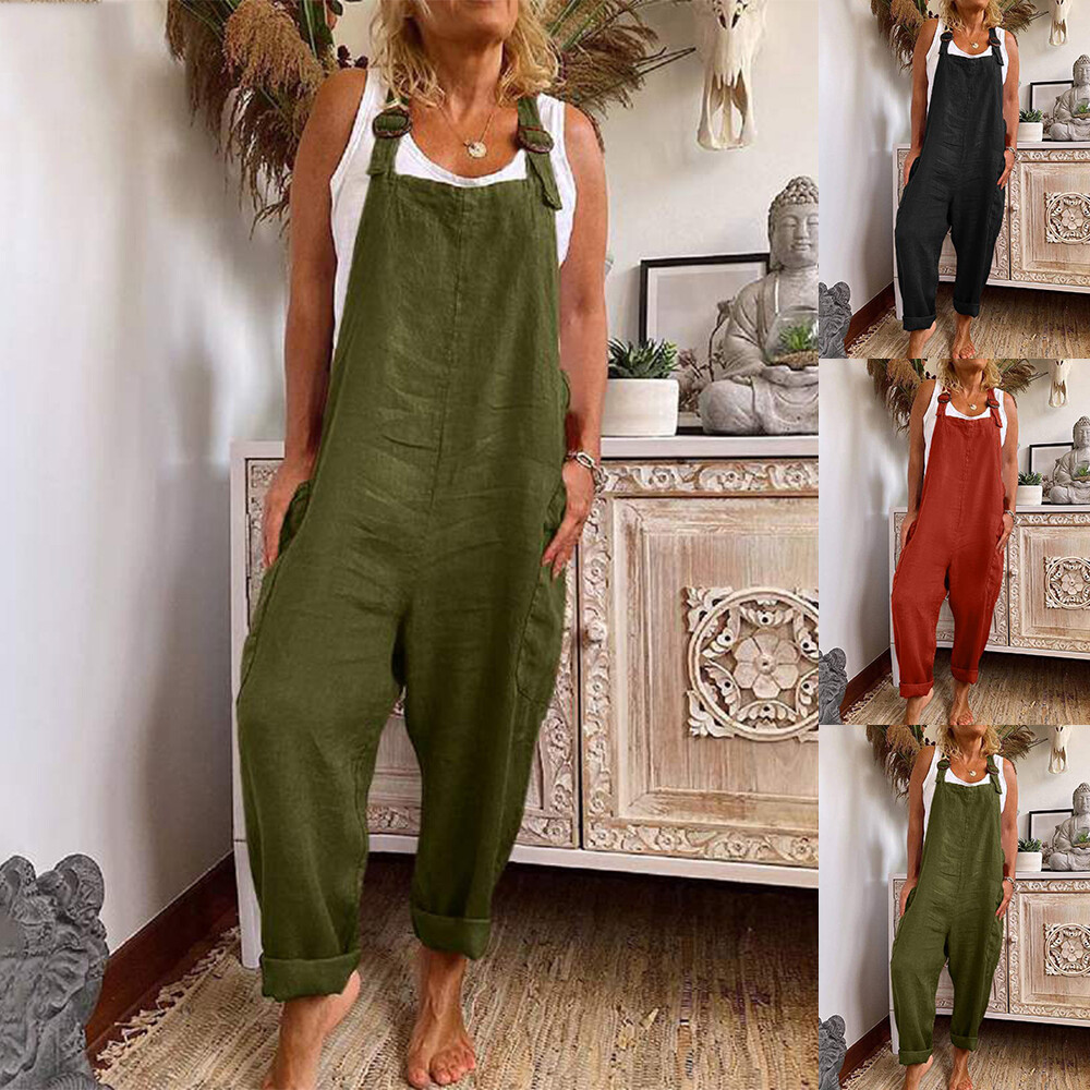 Women Cotton Linen Strappy Jumpsuit Dungaree Casual Loose Pockets