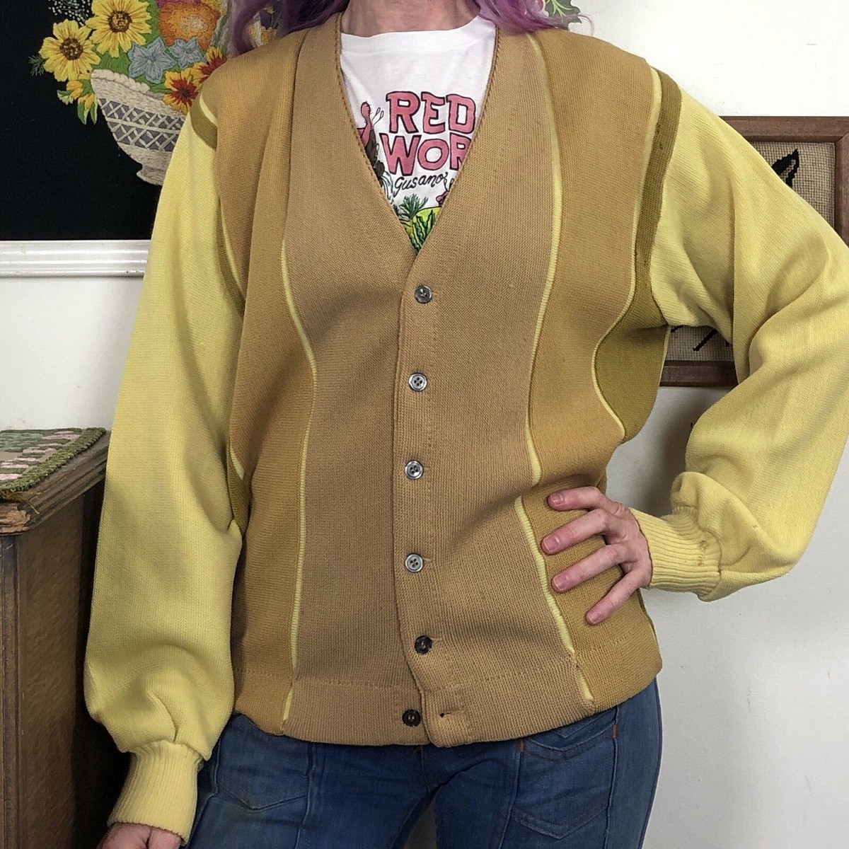 Vintage Grunge Style Cardigan, 1960s Mustard Yellow Sweater Super