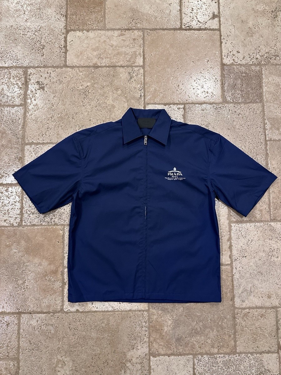 Prada 2025 Poplin Archive Logo Zip Navy Blue Technical Shirt | eBay