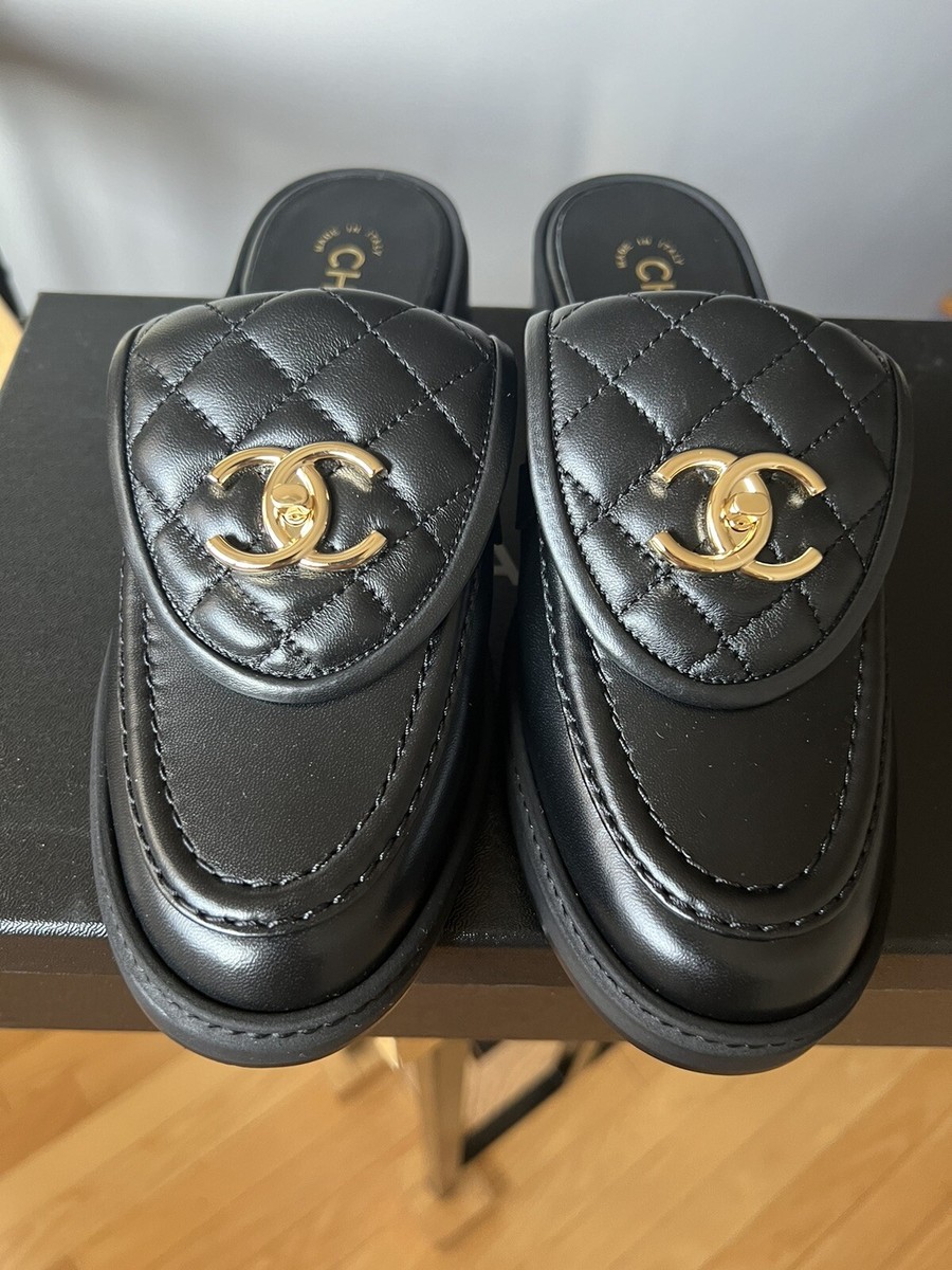 Women's Chanel Shoes Loafers Black Quilted 25C Turnlock Mules