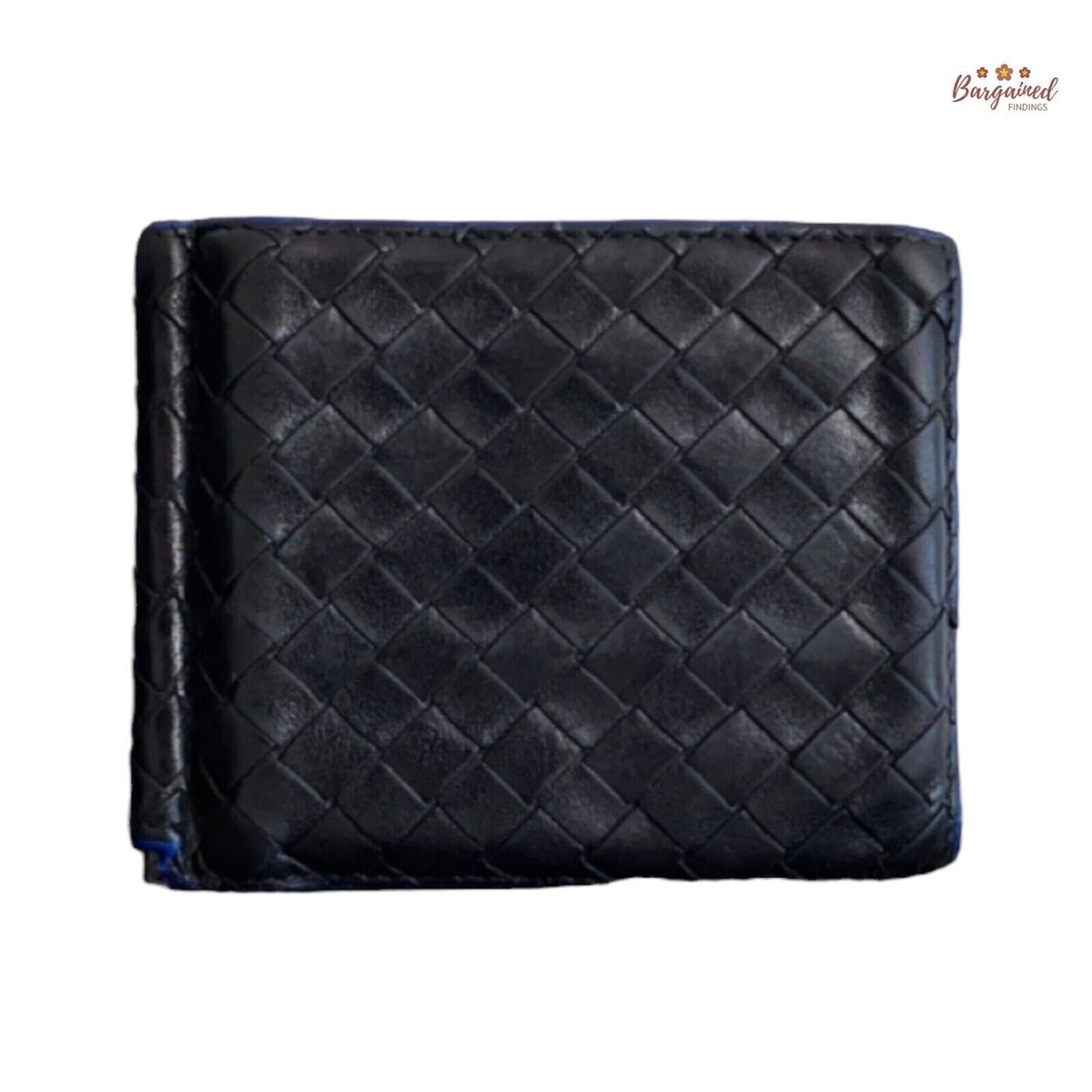 Authentic Bottega Veneta Black/Blue Intrecciato Leather Money Clip