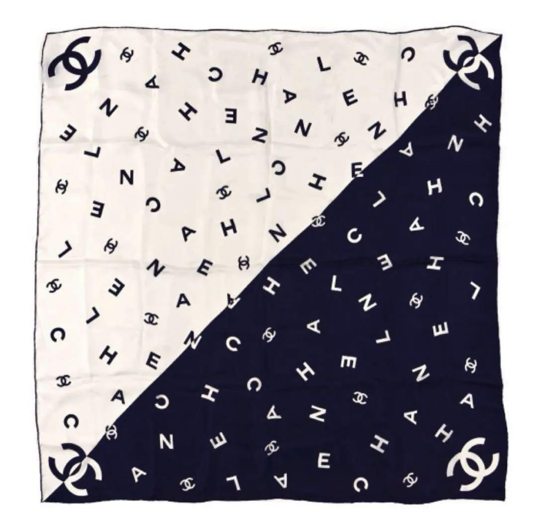 Chanel Silk Scarf Muffler Navy & White 90x90 Used Clean | eBay
