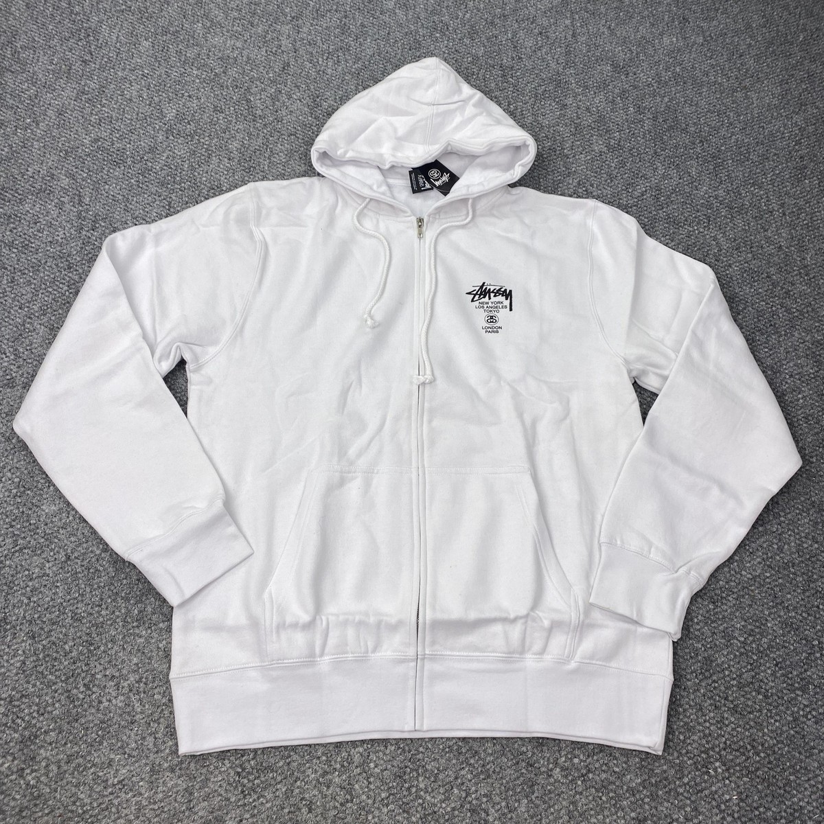 Stussy Hoodie Mens XL White World Tour Zip Hood Made USA Logo