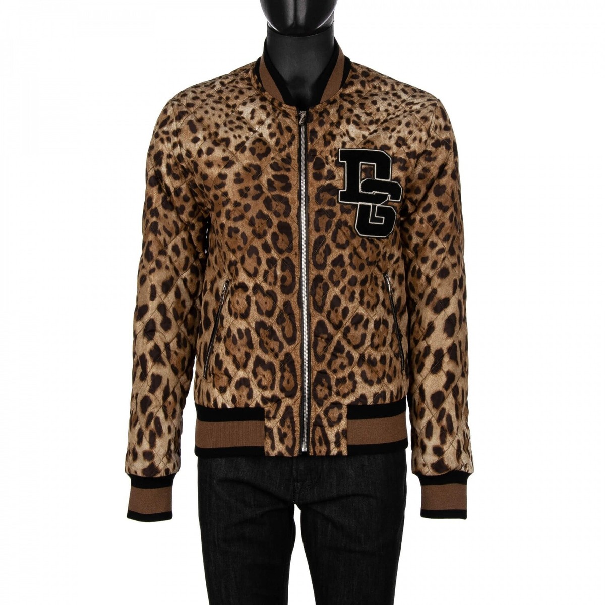 DOLCE & GABBANA Leopard Print Quilted Bomber Jacket DG Logo Brown