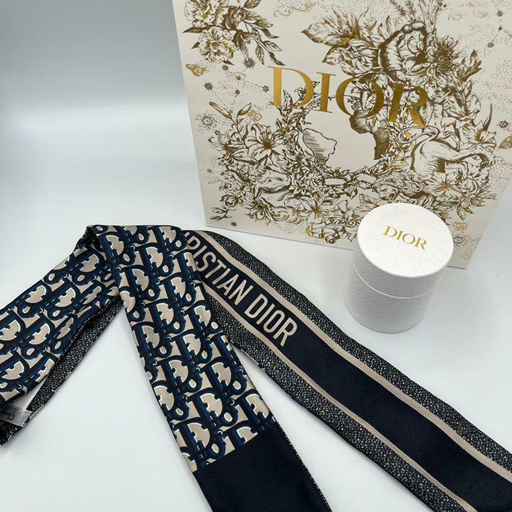 Christian Dior scarf mini Mitza navy blue silk twill 6 x 105 cm