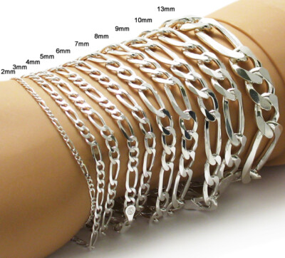 925 Sterling Silver Figaro Link Chain Bracelet (All Widths and