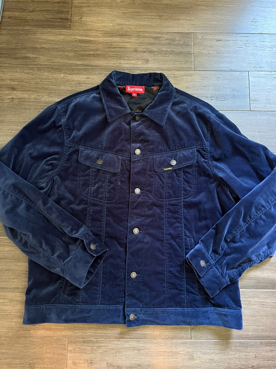 Supreme Velvet Trucker Jacket NAVY Sacred Hearts (FW17) Men's Size