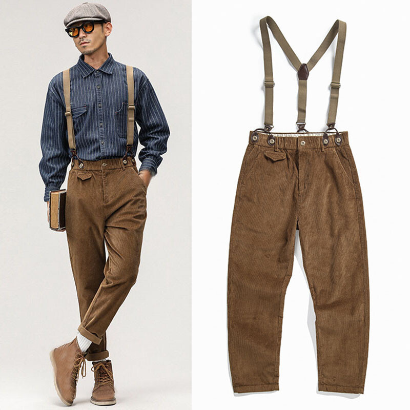 Mens British Style Corduroy Straight Pants Suspender Trousers