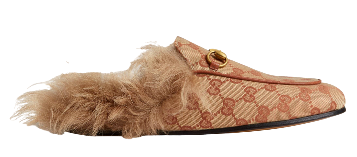 Gucci Princetown Beige Canvas Original GG Fur Loafer Slide Mule