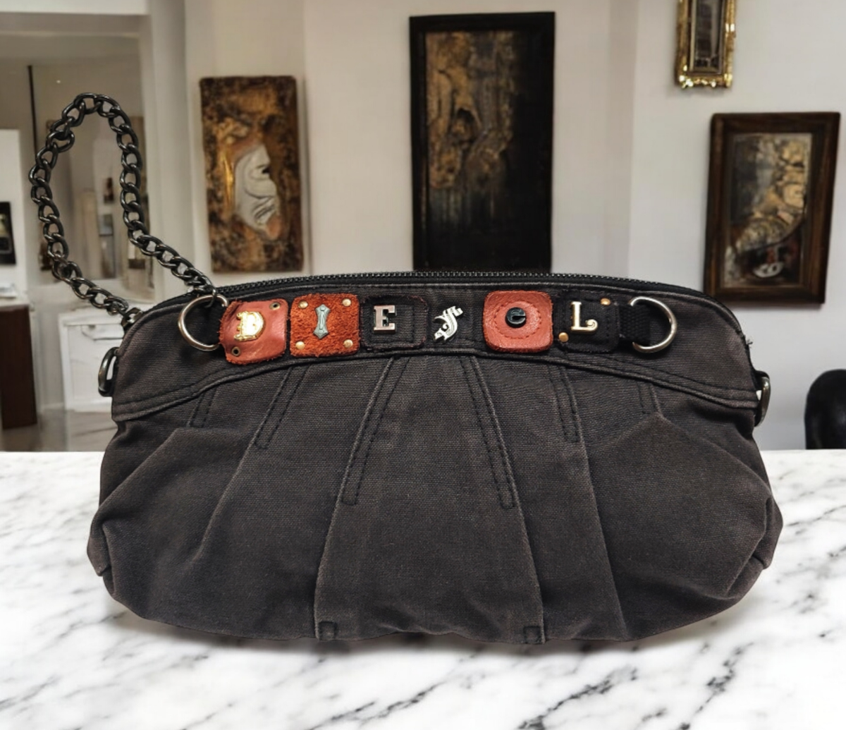DIESEL Clutch Bag With Leather Logo In Black 00s Y2k Vintage Rare